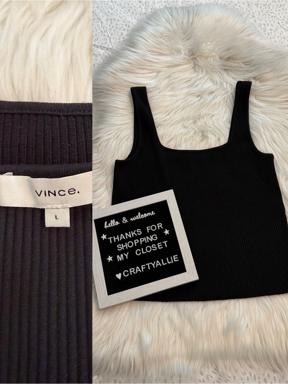 Vince Ribbed Square Neck Tank in Black | Women’s Large